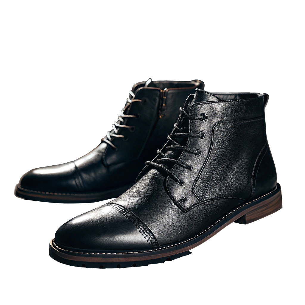 A pair of black leather lace-up boots displayed against a solid black background, lit dramatically to highlight the smooth texture and stitching.